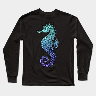 Teal and Blue Ombre Faux Glitter Seahorse Long Sleeve T-Shirt